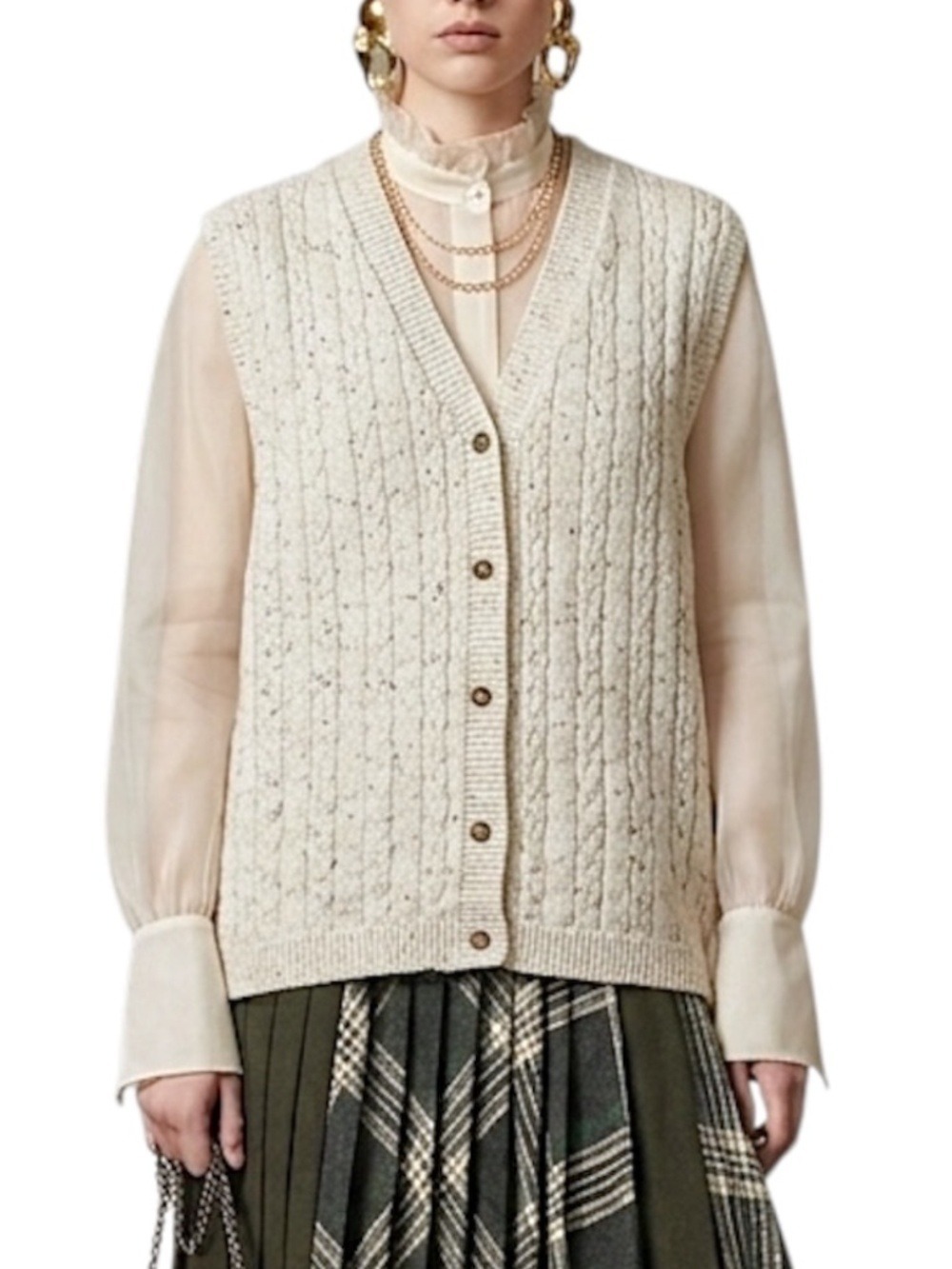 Vtg 80s 90s pure cotton beige fleck cable knit old money grandpa sweater vest
